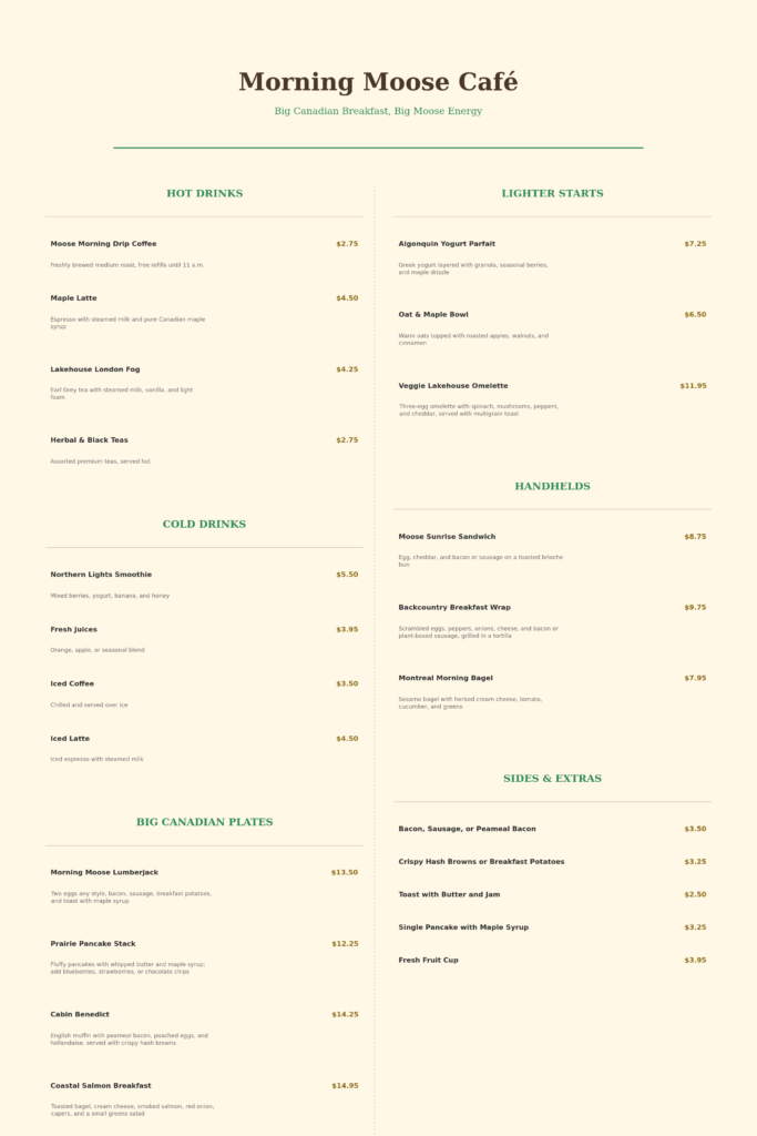 morning moose café complete breakfast menu with pricing